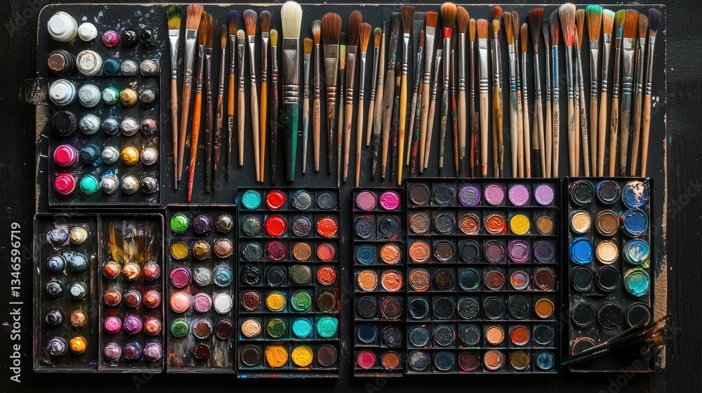 Poster an organized array of paintbrushes and vibrant acrylic paints on a black wooden surface, a perfect s