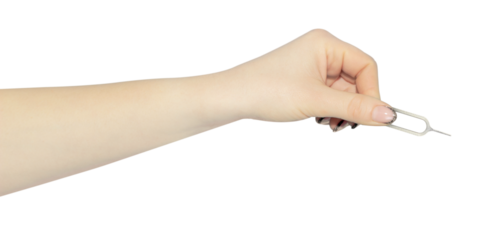 Sim card tray remover eject pin key tool in hand, outstretched hand with clip isolated from background