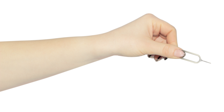 Sim card tray remover eject pin key tool in hand, outstretched hand with clip isolated from background