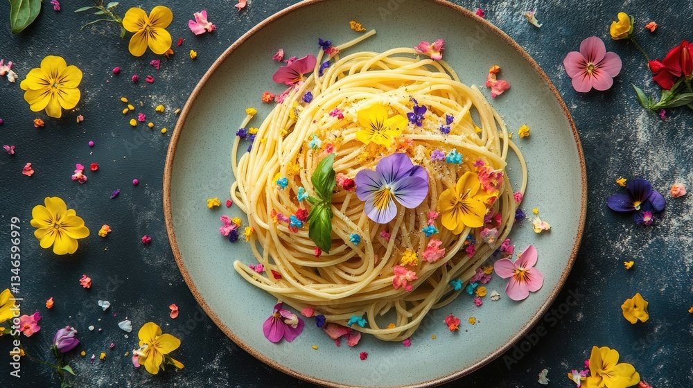 Poster an overhead shot of a plate of spaghetti adorned with vibrant edible flowers and colorful sprinkles,