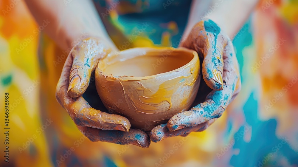 Poster artistic close-up shot of hands shaping clay into a creative form, with a bright and vibrant backgro