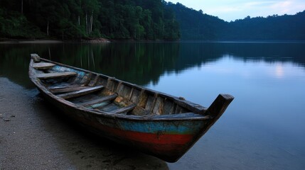 Tranquil wooden boat resting on a serene lake shore.  A peaceful morning light bathes the still water reflecting the lush forest