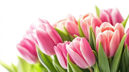 Obraz premium Beautiful spring flowers arranged on a white background, designed for Mother's Day and Women's Day celebrations, with space for your message.