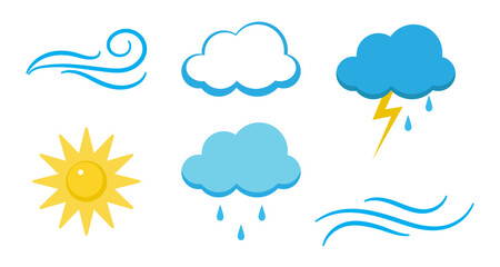 Weather teams collection. Sun, cloud, wind, rain and storm cloud isolated on a white background. Flat style. Vector illustration and color icon of weather.