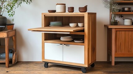 A smart furniture design with a compact cabinet that pulls out into a full dining table