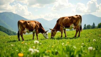 Fototapeta premium blessed cows graze on green pastures