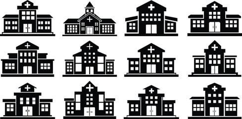 Hospital building icon set.Vector of medical clinic, polyclinic logo. Health care building exterior illustration.Clinic with medical pictogram. Symbol, logo illustration.