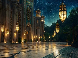 Obraz premium A Stunning Grand Mosque Courtyard, Reflective Marble Floors and Ornate Doorways, Enchanted by the Warm Radiance of Large Hanging Lanterns Under the Night Sky