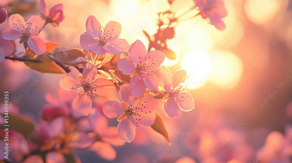 Poster close-up of delicate pink flowers on a tree branch, glowing in the sunset warm light, creating a bea