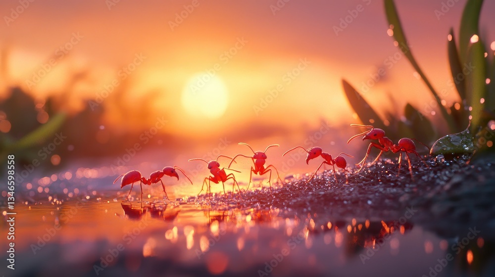 Poster close-up of four red ants marching on a dewy surface, with a warm sunset glow in the background, sho