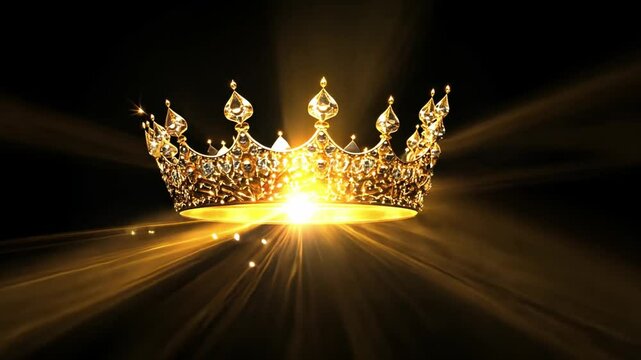 Stunning Golden Crown with Sparkling Diamonds Surrounded by Glowing Light Effects on Black Background for Royalty Themes