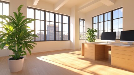 A bright, modern office space featuring large windows, wooden flooring, and indoor plants, creating a refreshing and productive environment.
