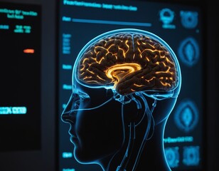 Obraz premium An illuminated brain model in profile, showcasing neural connections and advanced technology backdrop.