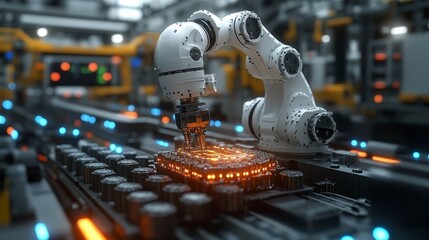 Fototapeta premium Robotic arm assembling microchip under bright lights