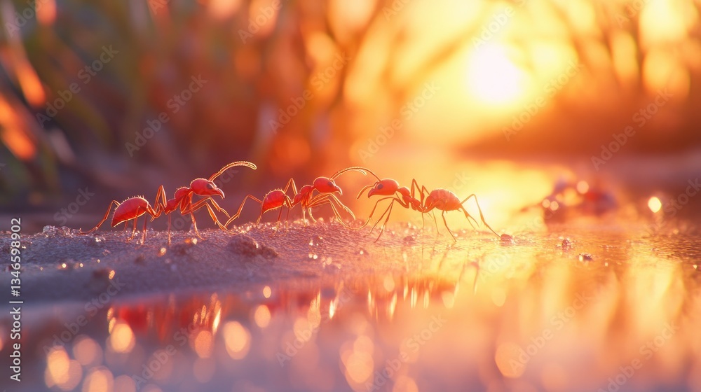 Poster close-up of four red ants marching on a dewy surface, with a warm sunset glow in the background, sho