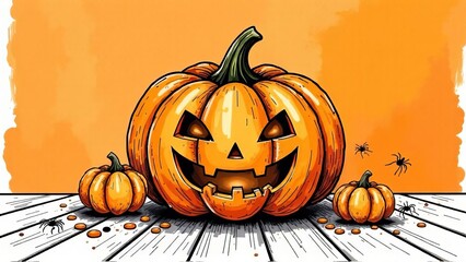 
Postcard orange background Halloween pumpkin jack o lantern with web and spiders on wooden table