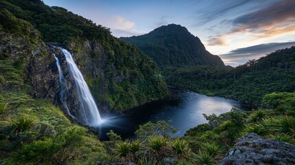 Fototapeta premium Majestic waterfall cascading into serene lake tropical forest landscape photography peaceful environment scenic view