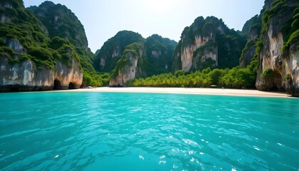 Obraz premium Tropical Beach with Cliffs and Turquoise Water