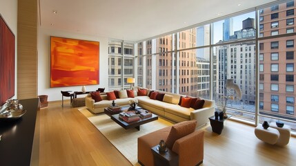 A spacious and elegant living room setup featuring a corner sofa with well-thought-out spacing