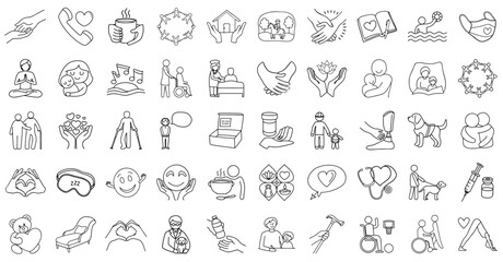 Obraz premium collection of line art icons depicting various aspects of care, support, and well being
