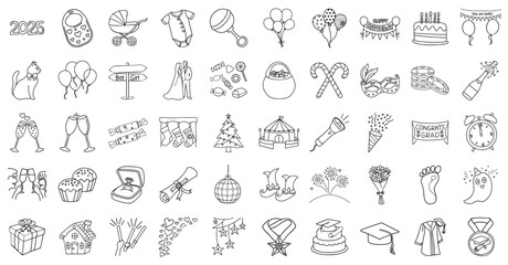 Outline icons for various celebrations and events, including holidays, graduations, and parties