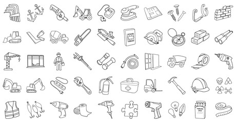 Various construction tools and equipment icons in outline style