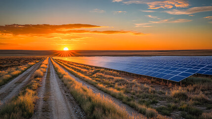 Naklejka premium Futuristic solar energy landscape at sunset with solar panels in the countryside