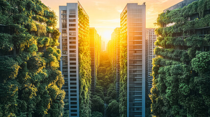 Obraz premium Futuristic green architecture in urban cityscape at sunset
