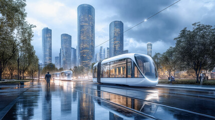 Obraz premium Futuristic electric tram in modern cityscape with skyscrapers on a rainy day