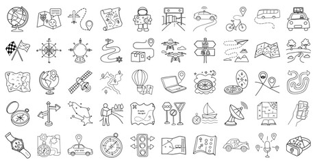 collection of navigation and travel icons including maps, compasses, and vehicles