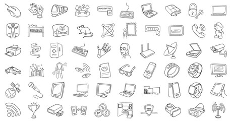 collection of technology related line icons including gadgets, devices, and communication tools