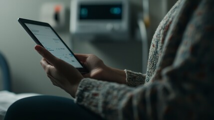 A Patient Quietly Reviewing Medical Data On A Tablet In A Dimly Lit Hospital Room, Feeling A Mix Of Hope And Apprehension