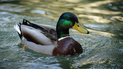 Obraz premium A colorful mallard duck is swimming in water with ripples