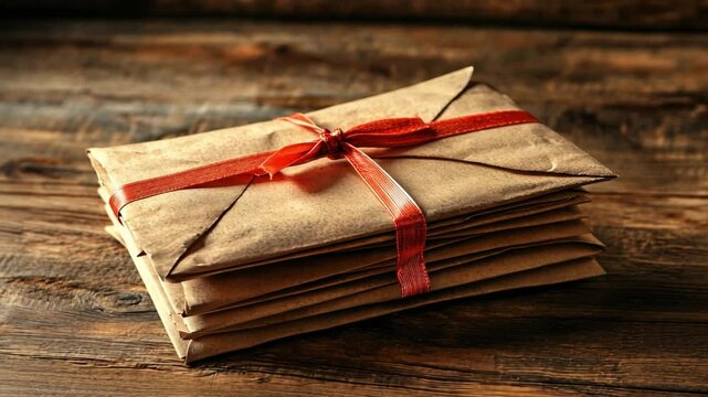 Vintage styled stack of brown envelopes tied with a red ribbon on rustic wooden surface in warm lighting ambience for nostalgic atmosphere