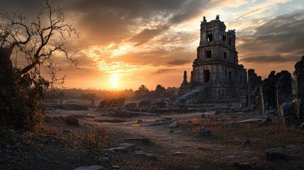 Ancient ruins at sunset overgrown landscape photography serene environment wide angle historical reflection