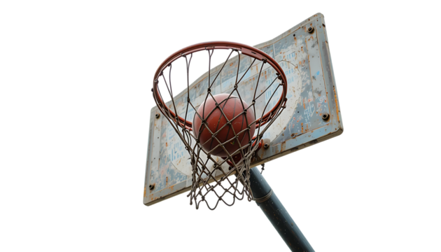 Weathered outdoor basketball hoop with a ball suspended in motion