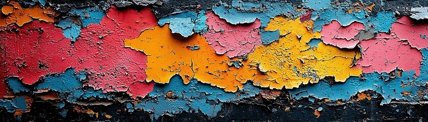 Obraz premium Acid Rain’s Impact, peeling cracked paint on a deteriorating wall, showing chemical erosion, weathering, and environmental degradation.