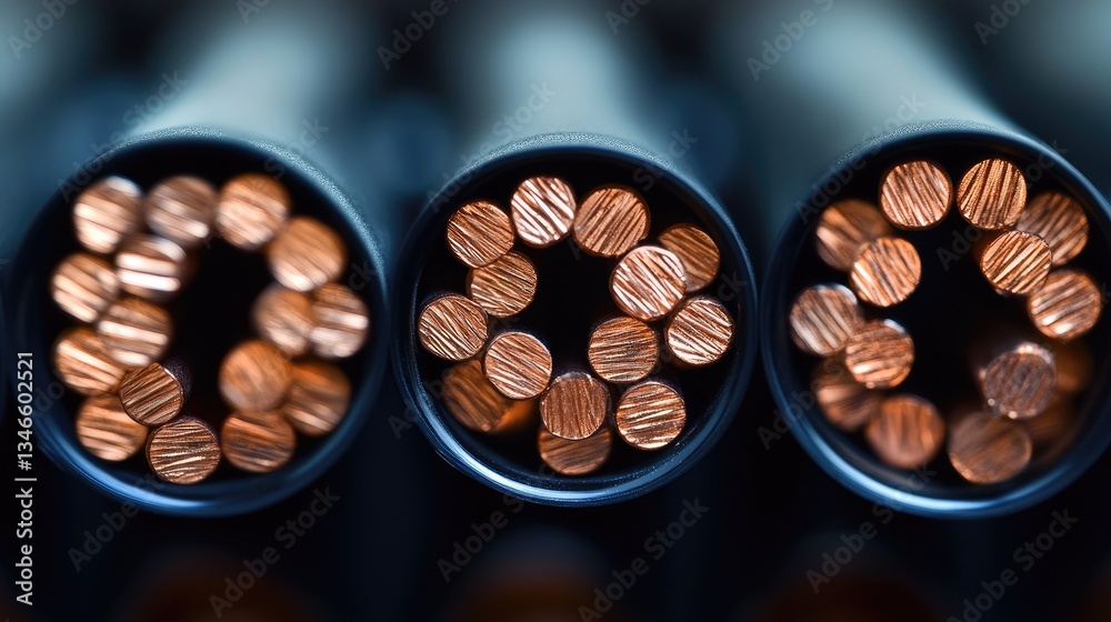 Poster copper wires are neatly arranged inside a black cable connector, with each wire sharply defined, cre