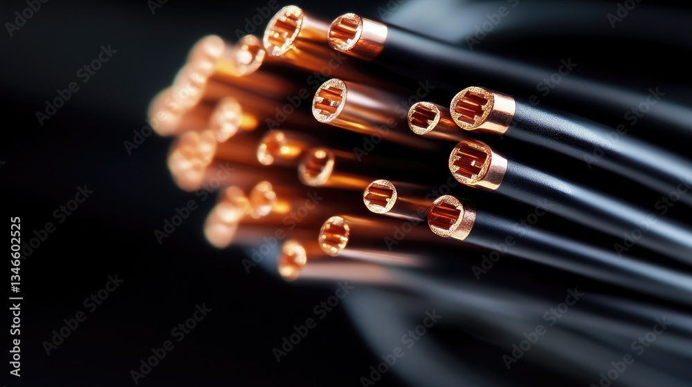 Poster copper wires are neatly arranged inside a black cable connector, with each wire sharply defined, cre