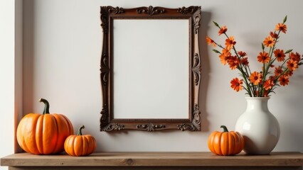 Rustic Halloween mockup: empty vertical poster frame placed among pumpkins, autumn leaves