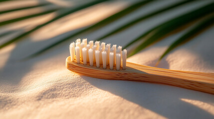 Close-up of bamboo toothbrush with soft bristles, palm leaves shadow, natural light