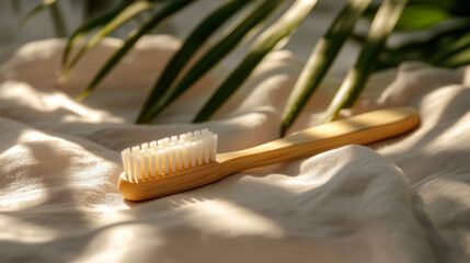 Eco-friendly bamboo toothbrush on linen cloth with palm leaves, soft sunlight