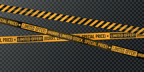 Yellow caution tape with black stripes and promotional text "limited offer!", "hurry, limited stock, special price" on a transparent background.