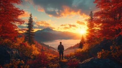 Obraz premium Man watching sunrise, autumn mountains, fog, nature