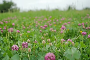 Obraz premium A vast field of cover crops like clover and rye protecting the soil