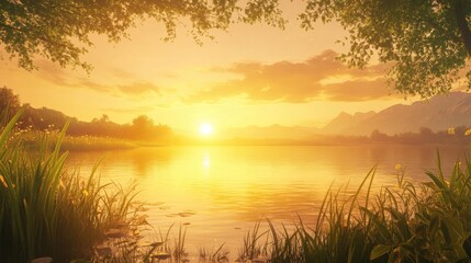 Obraz premium Fresh, vibrant grass pokes out from the still water of the lake, with the golden light of sunset illuminating the peaceful landscape.