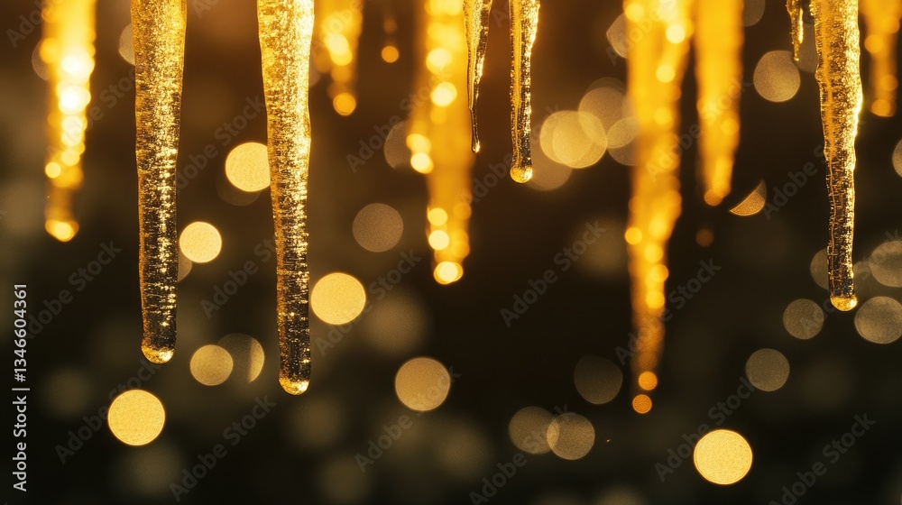 Poster Glowing ice tubes dripping water with suspended droplets, surrounded by a gentle bokeh background creating a serene and mystical ambiance.