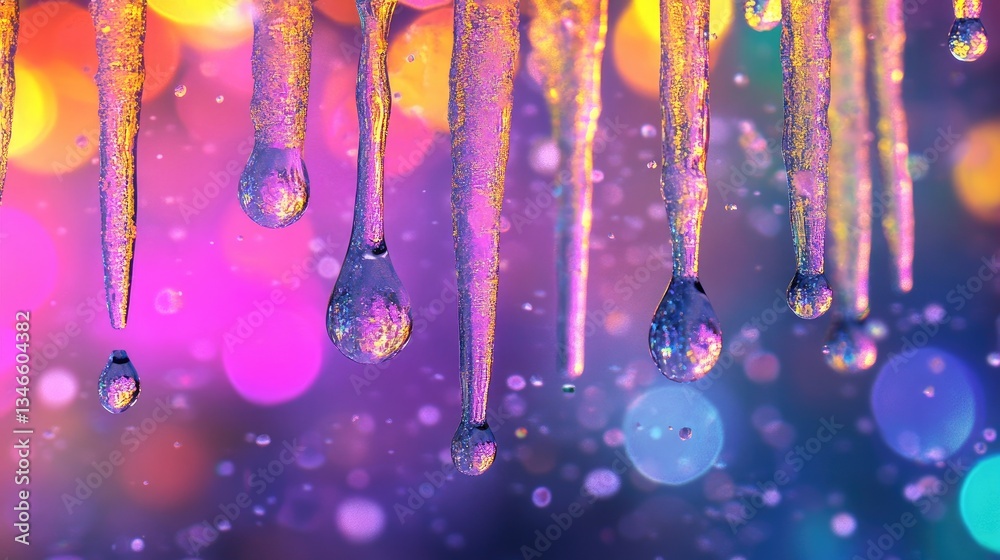 Aufkleber Glowing ice tubes dripping water with suspended droplets, surrounded by a gentle bokeh background creating a serene and mystical ambiance.