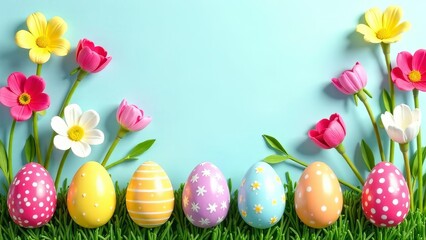 Postcard. Creative layout with colorful flowers and easter eggs. Minimal nature background