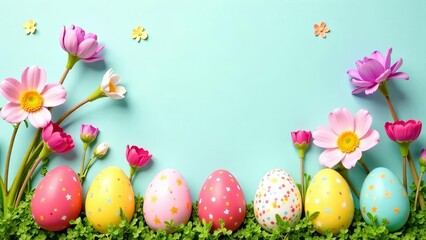 Fototapeta premium Postcard. Creative layout with colorful flowers and easter eggs. Minimal nature background